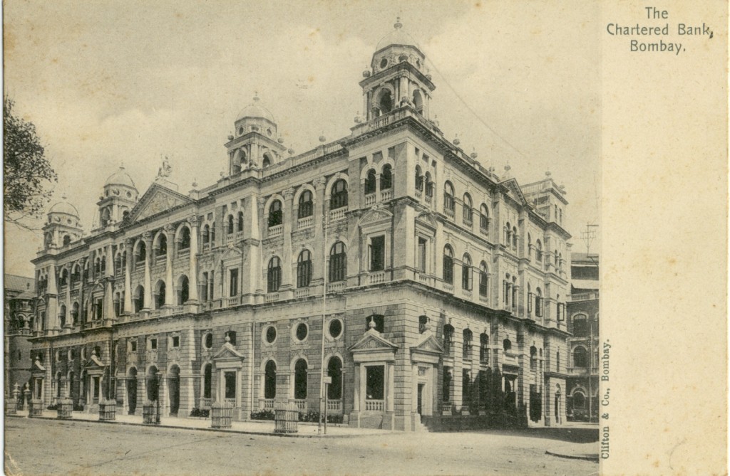 A postcard image of one of Bombay's earliest British overseas banks -- Standard Bank of India, Australia, and China -- which is today's Standard Chartered Bank. The bank opened for business in the city in 1858 but this office near Fountain Circle was operational at the turn of the 20th century. Photo courtesy:  Jehangir S. Sorabjee.