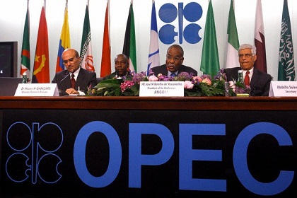 28 May 2009, VIENNA, VIENNA, Austria --- epa01744496 (L-R, front row) Director of the OPEC research divisiton, Dr. Hasan M. Qabzard, OPEC President, Angola's Oil Minister Jose Maria Botelho de Vasconcelos and OPEC Secretary-General Abdalla el Badri (R) address the media during a press conference in Vienna, Austria on 28 May 2009. Officials of the 12 Organization of Petroleum Exporting Countries (OPEC) members held a closed-door meeting in Vienna on 28 May.  EPA/HERBERT PFARRHOFER --- Image by © HERBERT PFARRHOFER/epa/Corbis
