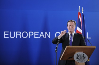 British Prime Minister David Cameron speaks at a press conference at the EU Headquarters on February 8, 2013 in Brussels, on the last day of a two-day European Union leaders summit. After 24 hours of talks lasting through the night, European Union leaders finally clinched a deal on the bloc's next 2014-2020 budget, summit chair  and EU president Herman Van Rompuy said Friday.  AFP PHOTO / JOHN THYS