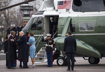 U.S. President Donald J. Trump, former U.S. President Barack Obama and their wives bid farewell to each other during the departure ceremony during at the 58th Presidential Inauguration in Washington, D.C., Jan. 20, 2017. More than 5,000 military members from across all branches of the armed forces of the United States, including reserve and National Guard components, provided ceremonial support and Defense Support of Civil Authorities during the inaugural period. (DoD photo by U.S. Air Force Staff Sgt. Marianique Santos)
