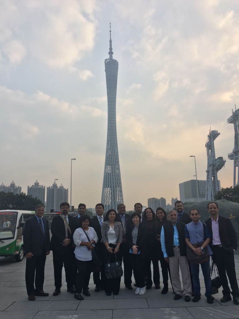The Indian delegation in the IFC district in Guangzhou, with the Canton tower in the background
