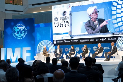 International Monetary Fund Manging Director Christine Lagarde (L), Jeremy Johnson(2ndL), Sara Horowitz;(3rd L), Deborah Greenfield (3rd R), Jim Clifton (2nd R) and James Manyika (R) participate in a Seminar "The New Economy Forum:Future of Work" at the IMF Headquarters during the IMF/World Bank Annual Meetings October 11, 2017. IMF Staff Photo/Stephen Jaffe