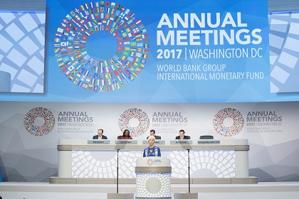 International Monetary Fund Managing Director Christine Lagarde speaks at the Plenary session during the IMF/World Bank Annual Meetings October 13, 2017 at the IMF Headquarters in Washington, DC. IMF Staff Photo/Stephen Jaffe