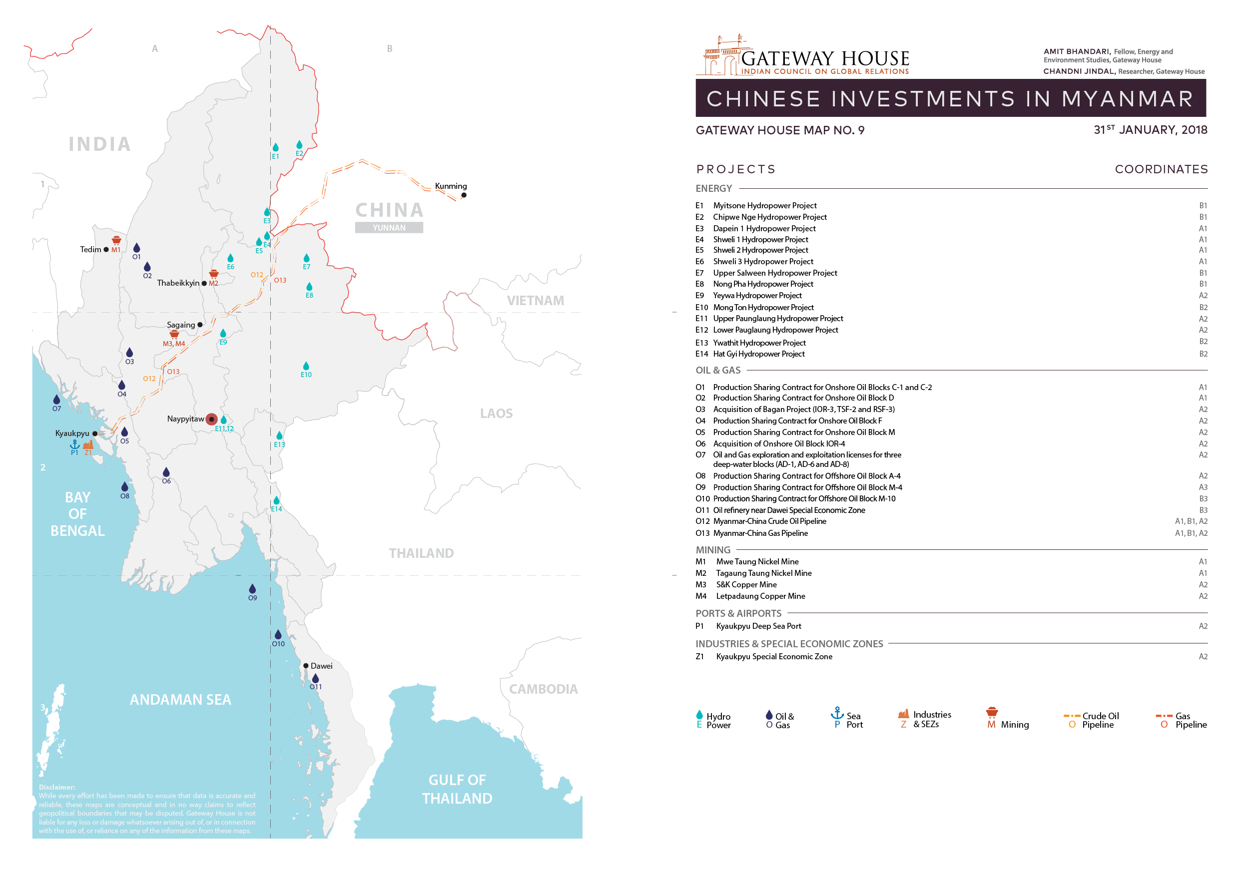 Gateway House's research map on Chinese investments in Myanmar. Researched by Amit Bhandari and Chandni Jindal.