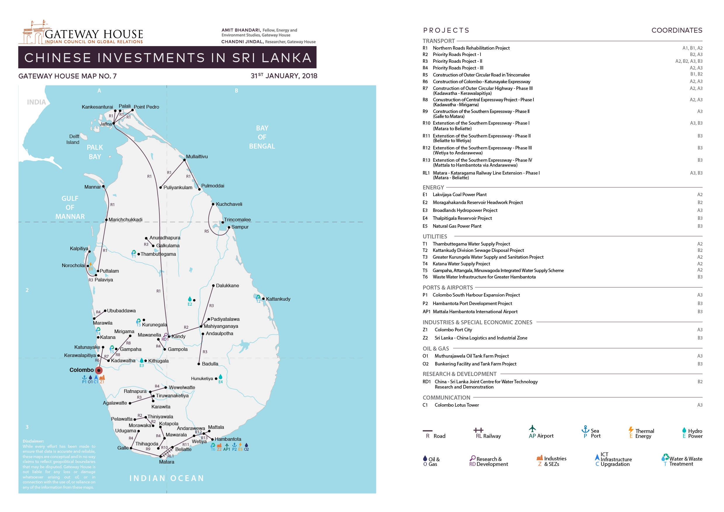 Gateway House's research map on Chinese investments in Sri Lanka. Researched by Amit Bhandari and Chandni Jindal.