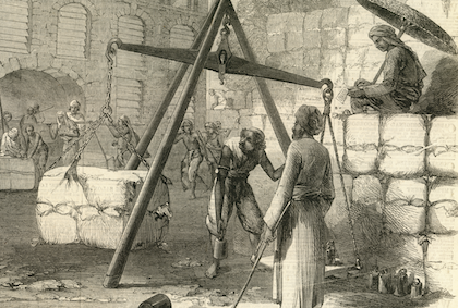 Image Credit: Dr. Jehangir Sorabjee
Raw cotton being weighed. Japanese firms began going to the cotton growing hinterland of Bombay by the early 20th century. These direct purchases fueled a massive export trade between Bombay and Japan.