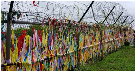 Photo 5: Barbed wire with colourful ribbons, bearing wishes and prayers for unification (Photo by Purvaja Modak)