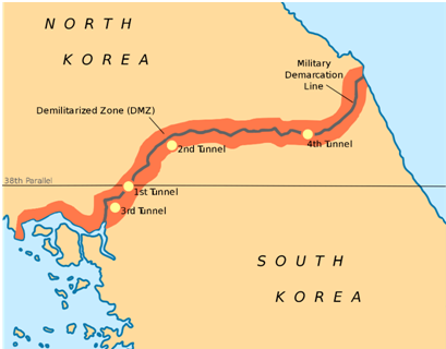 Photo 1: Map of the DMZ, showing the infiltration tunnels and the Military Demarcation Line (Wikipedia)