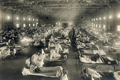 American Soldiers from Fort Riley, Kansas, ill with Spanish flu at a hospital ward at Camp Funston