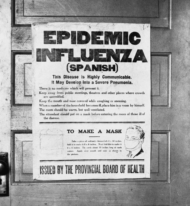 A poster issued by Alberta's Provincial Board of Health alerting the public to the 1918 influenza epidemic. It also gives instructions on how to make a face mask.