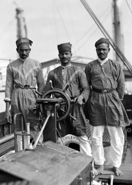 Three Indian lascars aboard a P&O liner. Lascars were a common sight in London since the 18th century. Source: Wikimedia Commons