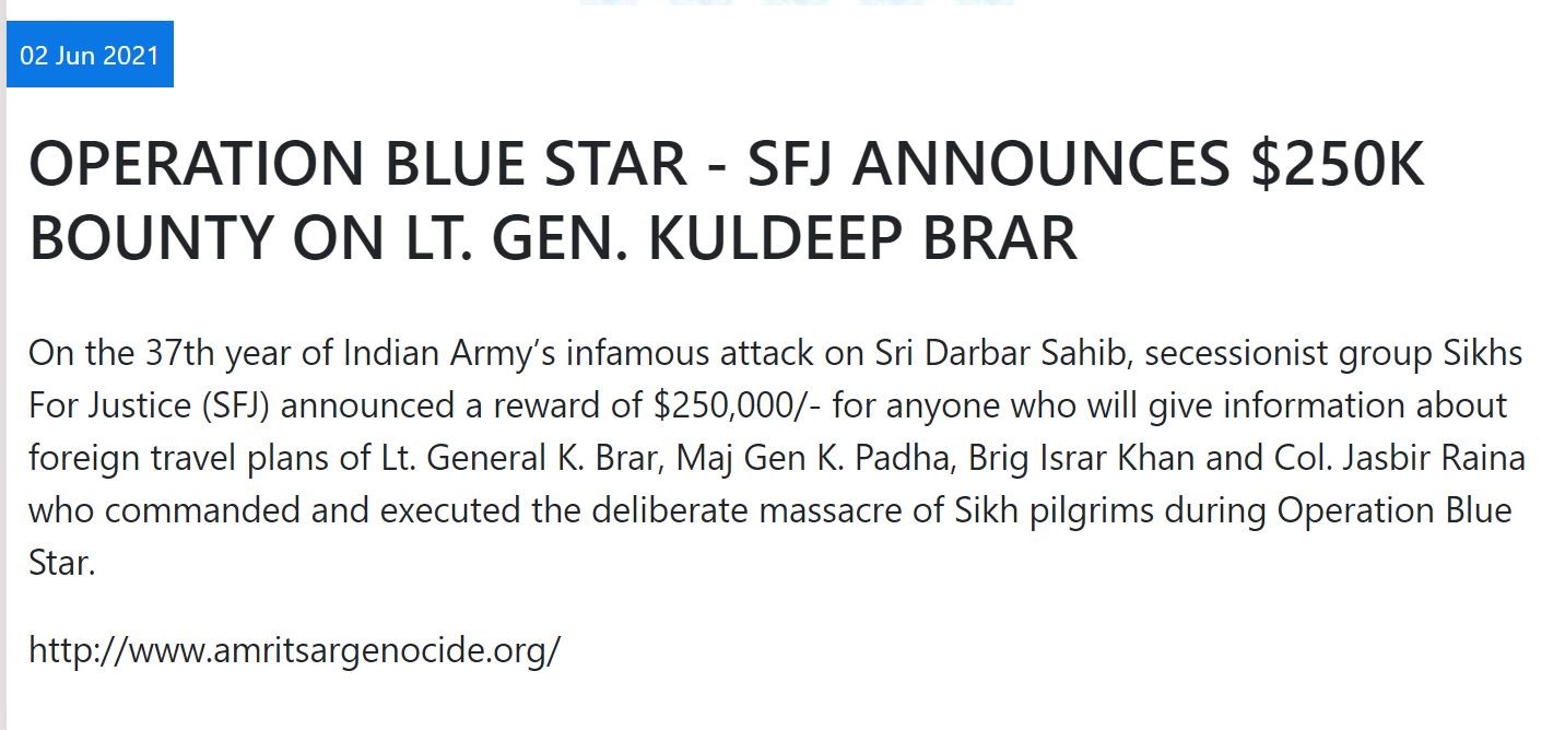 A June 2021 offer by Sikhs for Justice to pay $250,000 for information about the travel plans of army officers involved in the 1984 army attack on the Golden Temple.