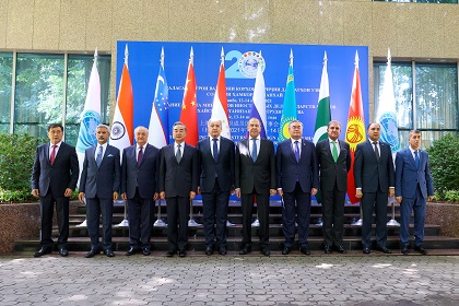 Foreign ministers and officials of the Shanghai Cooperation Organisation (SCO) pose for a group photo during a meeting in Dushanbe, Tajikistan July 14, 2021. Russian Foreign Ministry/Handout via REUTERS