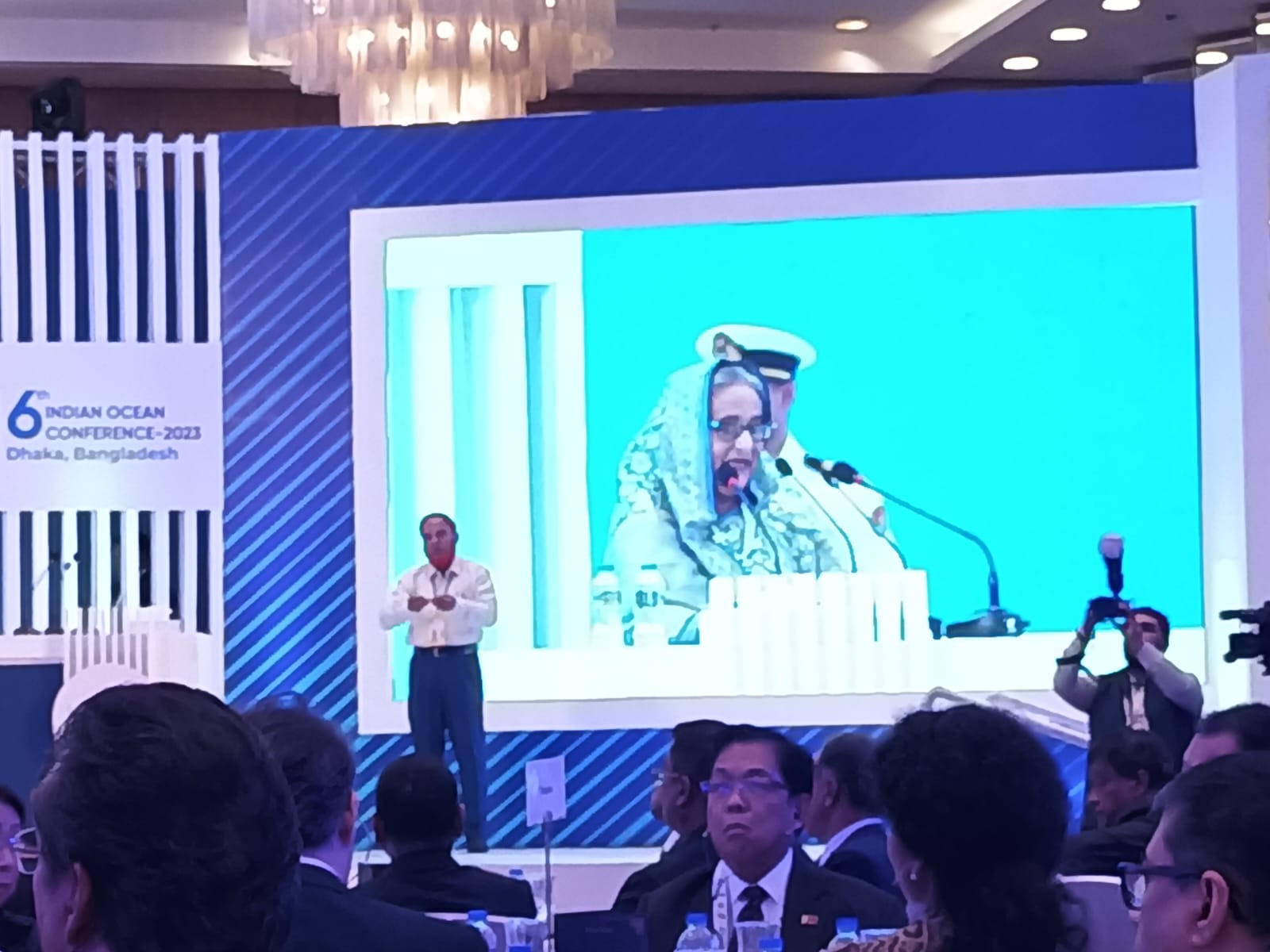 Bangladesh PM Sheikh Hasina addressing the Indian Ocean Conference. The speech was also relayed in sign language.