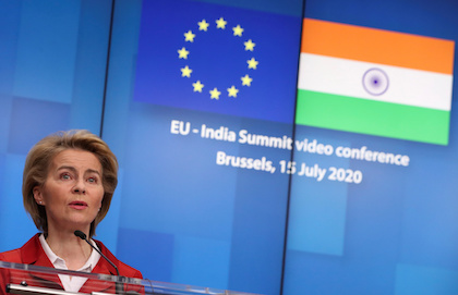 European Commission President Ursula von der Leyen speaks during a news conference in Brussels on July 15, 2020, after a virtual summit with the Indian Prime Minister. (Photo by YVES HERMAN / POOL / AFP) (Photo by YVES HERMAN/POOL/AFP via Getty Images)