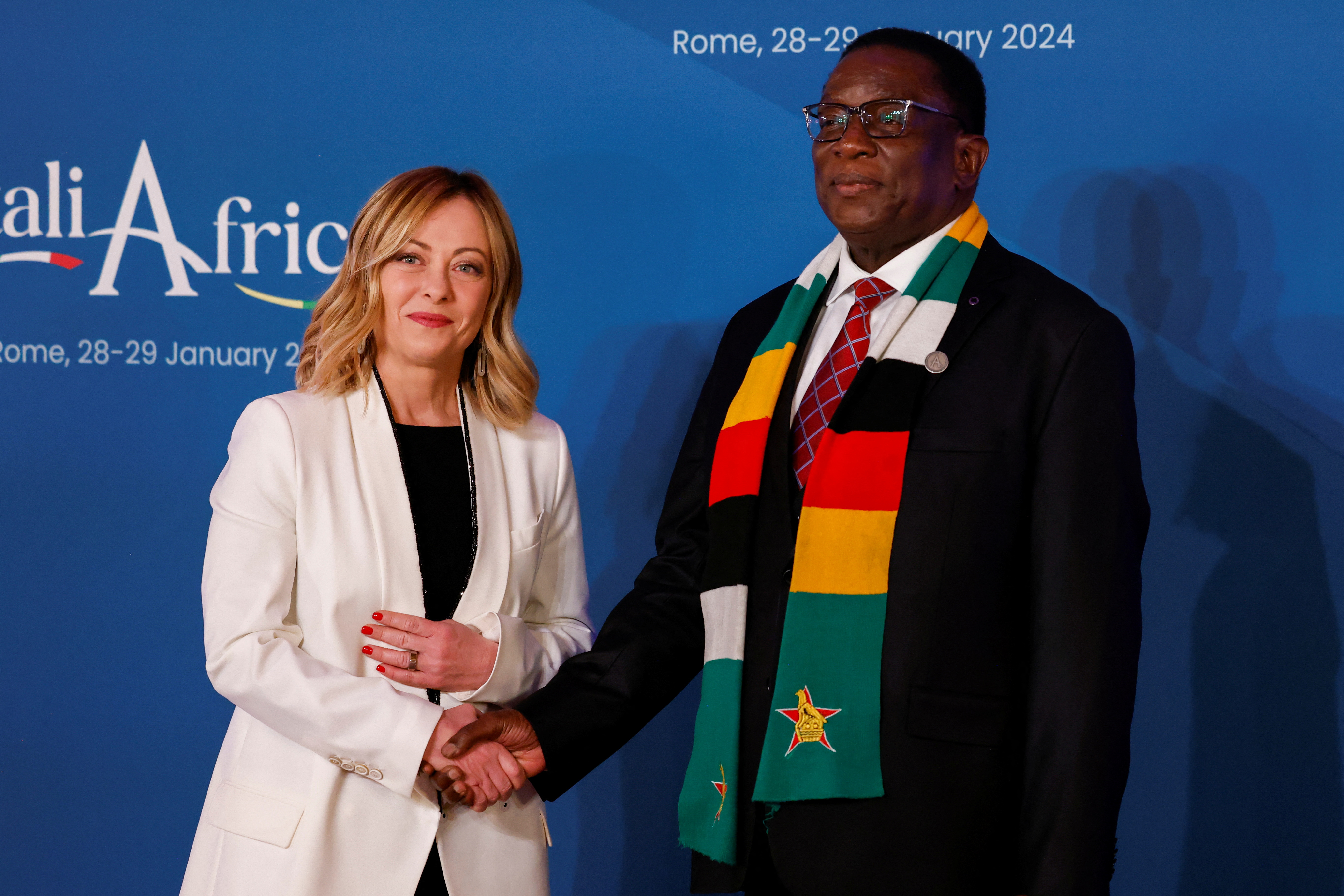 Italy's Prime Minister Giorgia Meloni meets with President of Zimbabwe Emmerson Mnangagwa inside the Madama Palace (Senate) as Italy hosts the Italy-Africa summit in Rome, Italy January 29, 2024. REUTERS/Remo Casilli